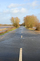 Severely flooded A361 between East Lyng and Burrowbridge across Lower Salt Moor after weeks of heavy rain, Somerset Levels and Moors, UK, January 2013.