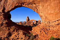 Rock formation 'Turret Arch' as seen through 'North Window'. Arches National Park, Utah, October 2012.