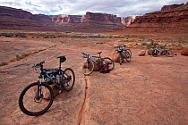 Mountain bikes near Musselman Arch along the White Rim Trail in the Islans In The Sky District. Canyonlands National Park, Utah, October 2012.
