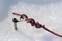 An ice piton is used to connect the diver to the surface, before entry hole (maina), Arctic circle Dive Center, White Sea, Karelia, northern Russia