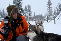 Guest interacting with Siberian Husky dogs used for sledding inside Riisitunturi National Park, Lapland, Finland