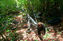 Filming crane used to film stream in rainforest, Kambui Hills, Sierra Leone. Photograph taken on location during filming for BBC 'Africa' series, September 2010.