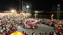 Timelapse of River Hongbao decorations and dancing display for Chinese New Year celebrations, Marina Bay, Singapore, 2011.