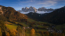 Panning timelapse from day to night of Geisler Spitzen (3060m) and the Val di Funes, Dolomites, Italy, 2011.