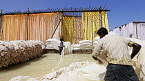 Two men bleaching fabric in a sari garment factory, Rajasthan, India, Asia, 2011. Model released. Property released.