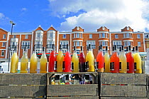 Bottles of organic juice on sale at Marylebone Farmers&#39; Market, London, England UK, March 2009