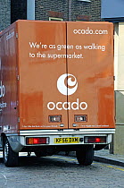 Back of an Ocado van saying - We&#39;re as green as walking to the supermarket - Hampstead, London, England, UK