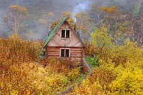 Ranger station in the Valley of the Geysers in early Autumn.  Kronotsky Zapovednik Nature Reserve, Kamchatka Peninsula, Russian Far East, October. Sequence 2 of 3.