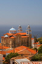 Overview of Marathokambos church with the Aegean sea in the background. Samos, Greece, July 2012.