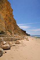 Weathered, layered sandstone cliffs at Praia do Mos, Lagos, Algarve, Portugal, June 2012.