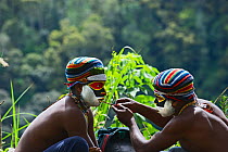 Performers preparing for a Sing-sing at Paiya Show, applying face paint Western Highlands Papua New Guinea, August 2011