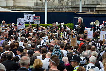 Rock star and activist Brian May address marchers at anti badger cull march, London, 1st June 2013.