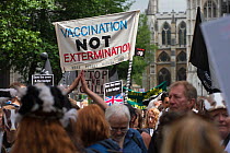 Group of demonstrators at anti badger cull march, with sign which reads 'Vaccination not extermination' outside, Houses of Parliament, London, 1st June 2013