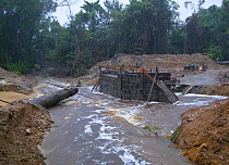 African rainforest transport penetration - construction of road and associated infrastructure allowing access to previously isolated regions. Cameroon, Central Africa, August 2009.