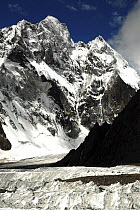 View of the Godwin-Austen Glacier, with Broad Peak (8,051m) in the background, Central Karakoram National Park, Pakistan, June 2007.