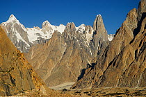 Paiju Peak (6,610m) and Biaho Tower (6,417m) seen from the Baltoro Glacier, Central Karakoram National Park, Pakistan, June 2007.