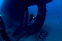 Wreck of the cargo ship 'Iouna'. Diver and ships single screw propellor. Wrecked between 1912-1918. Sharmo reef, Yanbu, Saudi Arabia, July 2010