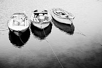 Black and white image of three punts, Mevagissey, Cornwall, England, January.