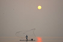Throw-net fisherman at sunrise, Pulicat Lake, Tamil Nadu, India, January 2013.