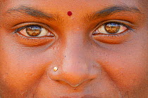 Girl with bindi and nose piercing, Tongal village, Pulicat Lake, Tamil Nadu, India, January 2013.
