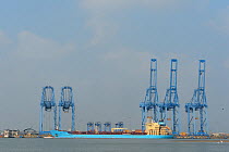 Shipping terminal with large freight ship, Pulicat Lake, Tamil Nadu, India, January 2013.
