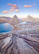 The granite mountains of the high sierra, with clouds at sunset. Royce Lakes seen from Feather Peak, John Muir Wilderness, Sierra Nevada, California, September 2009