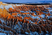 View of amphitheatre hoodoos in snow, viewed from Bryce Point, patterns formed by erosion in sandstone, Bryce Canyon National Park, Utah, USA December 2012