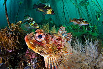 Red Irish lord (Hemilepidotus hemilepidotus) hides on the seabed, with Quillback rockfish (Sebastes maliger) and copper rockfish (Sebastes caurinus) behind in the bull kelp forest. Browning Pass, Vanc...