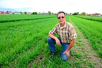 Christian Schmitt, a common hamster friendly farmer, inspecting a common hamster burow (Cricetus cricetus) in his wheat field, Elsenheim, Alsace, France, May 2013