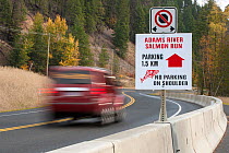 Road sign for Sockeye salmon (Oncorhynchus nerka) spawning eco-tourism. Adams River, British Columbia, Canada, October.