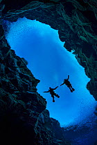 Pair of divers floating in Silfra Canyon, a deep fault filled with fresh water in the rift valley between the Eurasian and American tectonic plates) at Thingvellir National Park, Iceland. May 2011.  I...