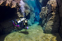 Diver explores the Nes Canyon, a fault filled with fresh water in the rift valley between the Eurasian and American tectonic plates in northern Iceland.  May 2011.