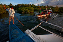 Man navigating in a bangka boat between mangroves, Handumon, Danajon Bank, Central Visayas, Philippines, April 2013