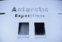 Antarctic cruise liner 'MV Ushuaia' close-up of text and windows, Antarctic Peninsula, Antarctica
