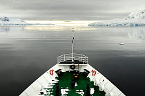View of Wilhelmina Bay from the foredeck of an Antarctic cruise liner 'MV Ushuaia' Gerlache Strait. Antarctic Peninsula, Antarctica