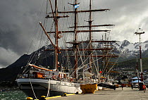 Frigate boat moored in Ushuaia harbour, Tierra del Fuego, Argentina.