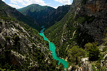 Europe&#39;s largest canyon Gorges du Verdon, 700m deep in places with the emerald green River Verdon, and limestone cliffs, Parc Naturel Regional du Verdon, Provence, France.