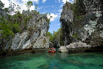 Zodiac boat exploring the islands of  Raja Ampat, Irian Jaya, West Papua, Indonesia, Pacific Ocean