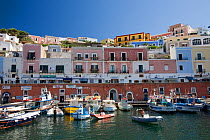 Colorful houses and fisherman boat inside Ponza's harbour, Ponza Island, Italy, Tyrrhenian Sea, Mediterranean, July 2008