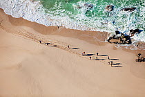Aerial photograph of hikers on the whale trail, de Hoop Nature Reserve, Indian Ocean, South Africa, Western Cape Province, August 2010
