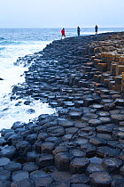 Tourists walking along the coast at Giant's Causeway, UNESCO World Heritage Site, County Antrim, Northern Ireland, Europe, June 2011.
