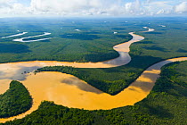 Aerial view of the River Kinabatangan and riverine tropical rainforest, Sabah, Malaysia, Borneo, Asia.