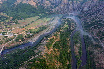 Aerial view over the Arda river canyon, Madzharovo, Eastern Rhodope Mountains, Bulgaria, May 2013.