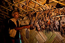 Wancho man pointing to wild animal skulls left over from ceremonial feasts hanging from the roof of a hut, Arunachal Pradesh, India, 2008.