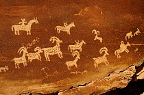 Rock with Ute petroglyphs illustrating  bighorn sheep, Arches National Park, Utah, USA, December 2012.