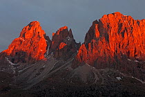 Lankofel Group (with Grohmannspitze, Fuenffingerspitze and Langkofel) in the Dolomites at sunrise, view from Sella Pass, Italy, May.