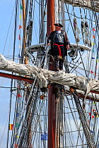 Buccaneer captain looking to sea from mast during the maritime festival Oostende voor Anker / Ostend at Anchor 2013, Belgium. 25th May 2013.