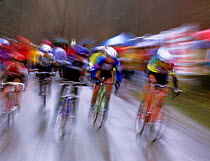 Blurred motion photography of Cyclo-cross cycling race, Washington, USA.
