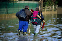 Couple carrying brooms through flood waters, Arles, December 2003 floods, Camargue, France.