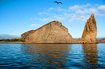 Pinnacle Rock, iconic Galapagos Landmark formed of eroded tuff stone, Bartolome Island, Galapagos, Ecuador. June 2011.
